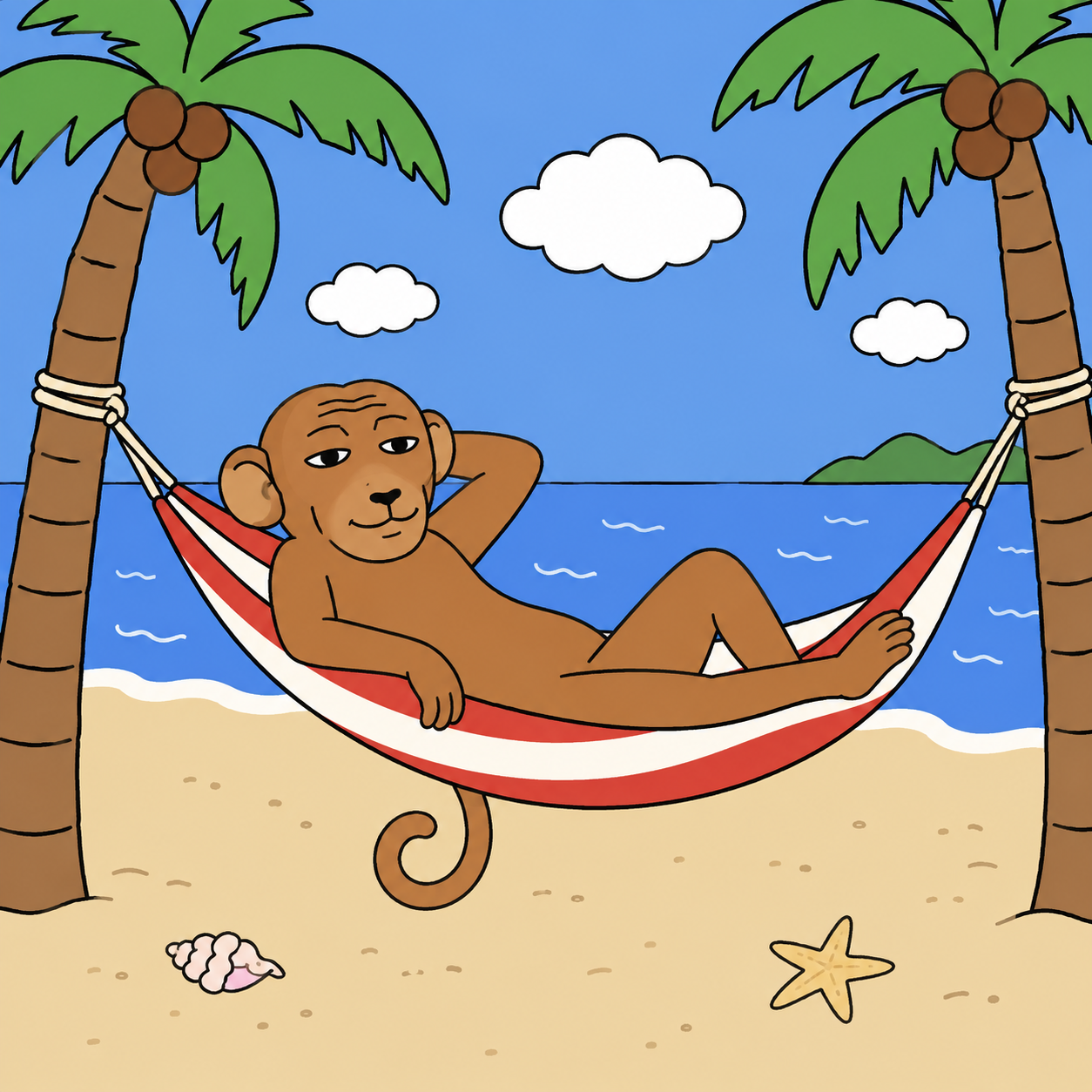 Mogma, a relaxed brown monkey lounging in a red and white hammock between palm trees on a sunny beach.
